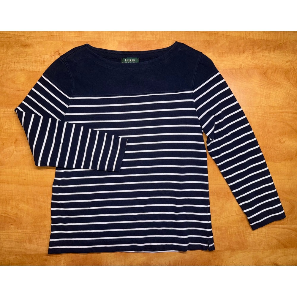 Lauren Ralph Lauren Navy White Striped Boat Neck Cotton Top Womens M Long Sleeve